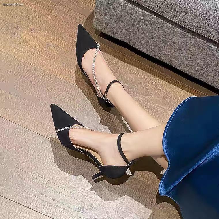 ┇♗Black high-heeled shoes female 2021 new stiletto hollow pointed toe single sexy Baotou one word buckle rhinestone sandals