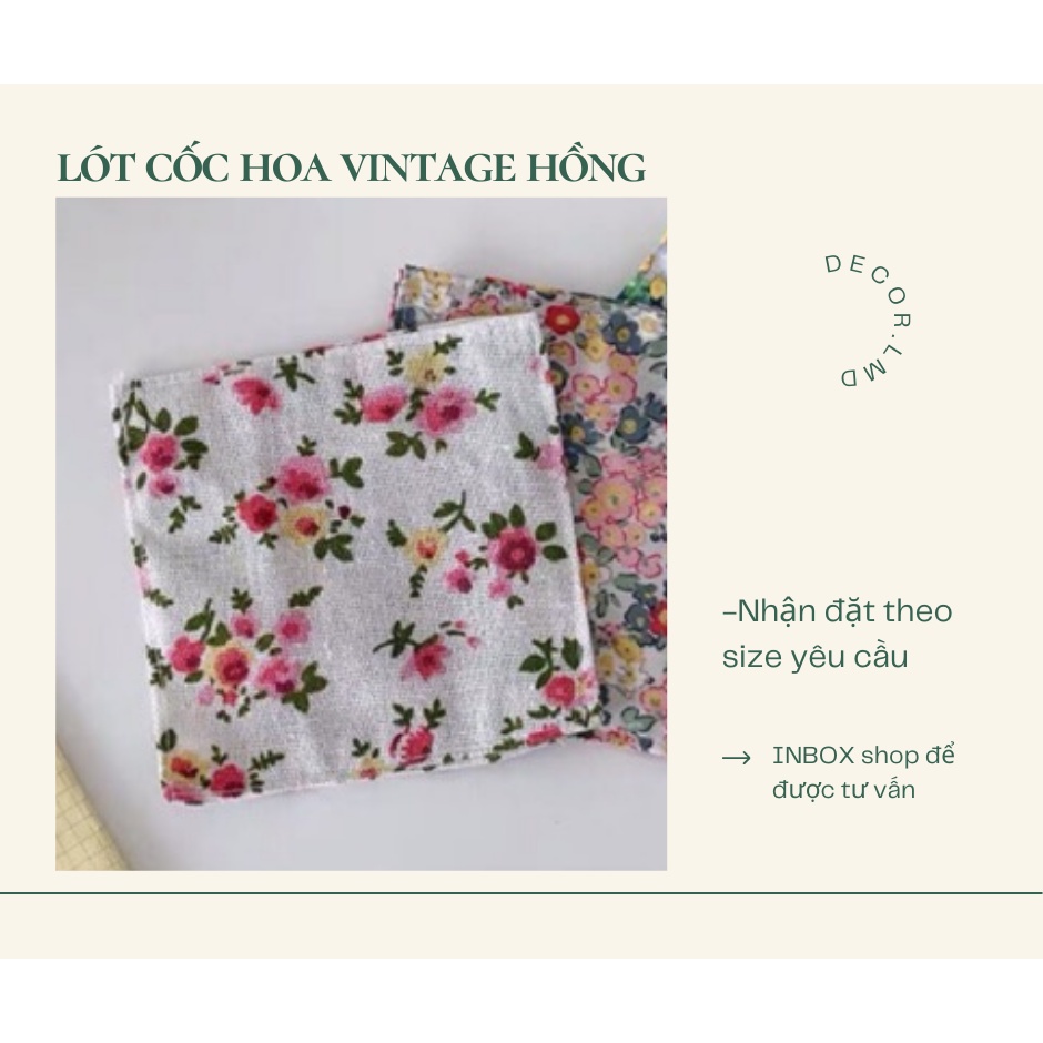 Đế lót ly, tấm lót cốc thấm nước bằng vải họa tiết hoa vintage hồng cao cấp