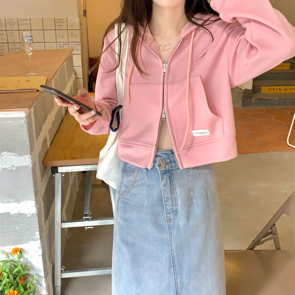 Áo hoodie dáng ngắn vải mỏng phong cách Hàn Quốc cá tính cho nữ