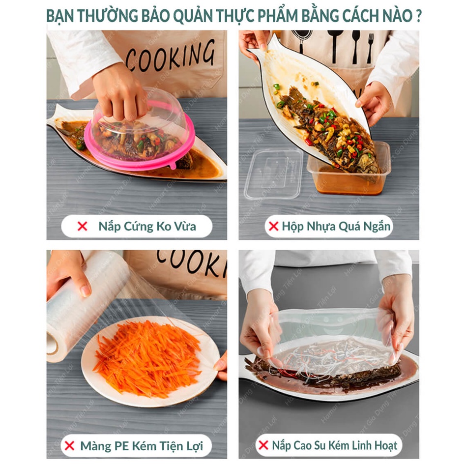 Túi 100 Màng Bọc Thực Phẩm Bo Chun Co Giãn PE Hamart Đựng Bảo Quản Thức Ăn Đa Năng Tiện Lợi