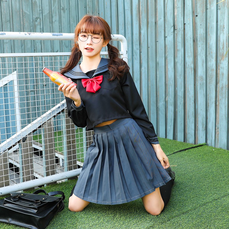 Seifuku/ Set váy đồng phục học sinh Nhật Bản cơ bản: áo cổ thủy thủ đen xám + nơ + chân váy xòe xếp ly
