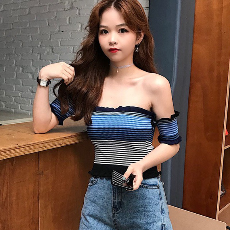 Áo Croptop dệt kim ngắn tay trễ vai sọc ngang quyến rũ