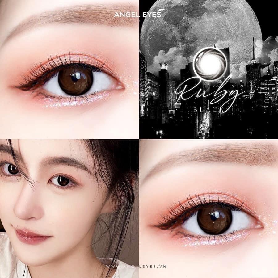 ( RẺ VÔ ĐỊCH-TẶNG KÈM KHAY GƯƠNG) Kính Áp Tròng/Lens mắt đen tự nhiên không giãn tròng đeo 12-24h RUBY BLACK-14.2 Độ:0-6