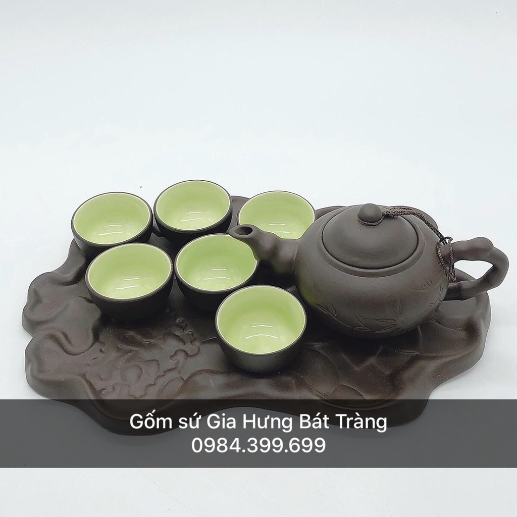 Bộ ấm chén khay lá sen Gôm sứ Gia Hưng Bát Tràng