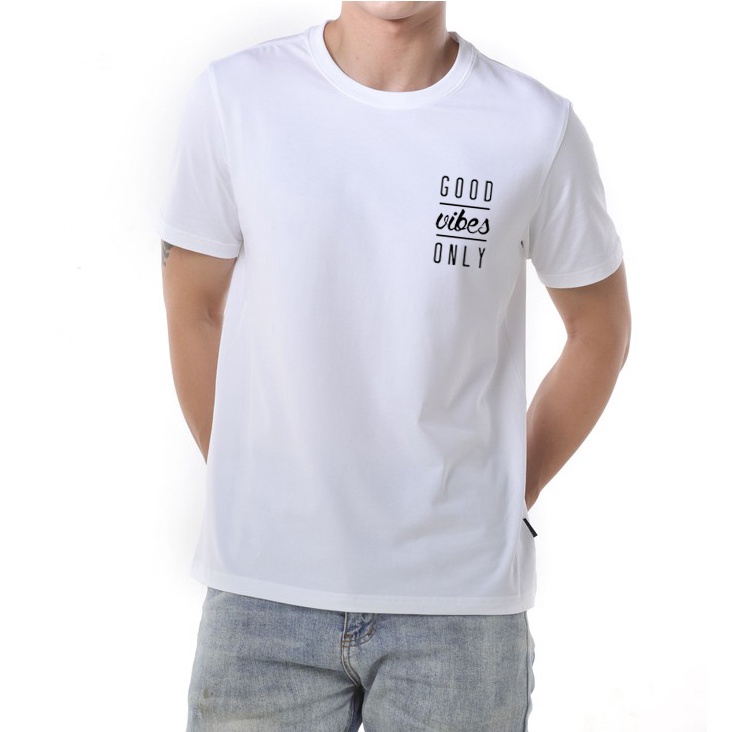 Áo thun trắng nam nữ in hình Good Vibes Only tay ngắn form rộng Unisex
