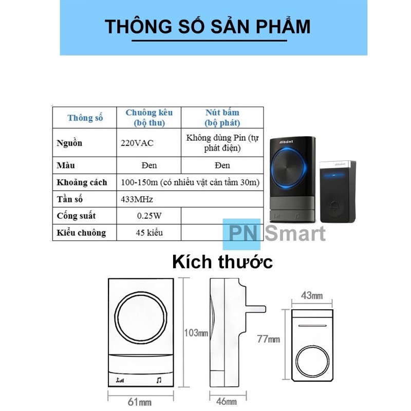 Chuông cửa không dây chống nước, không dùng Pin Aibont cao cấp