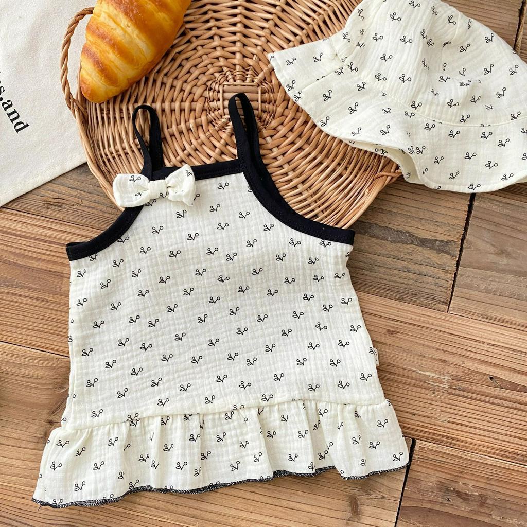 Set váy 2 dây bé gái kèm mũ chất xô cao cấp mềm thoàng mát