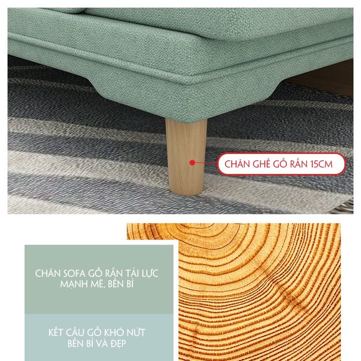 Ghế Sofa, Ghế Sofa Giường Phong Cách Bắc Âu Chất Liệu Vải Cotton & Lanh Tặng 2 Gối Ôm