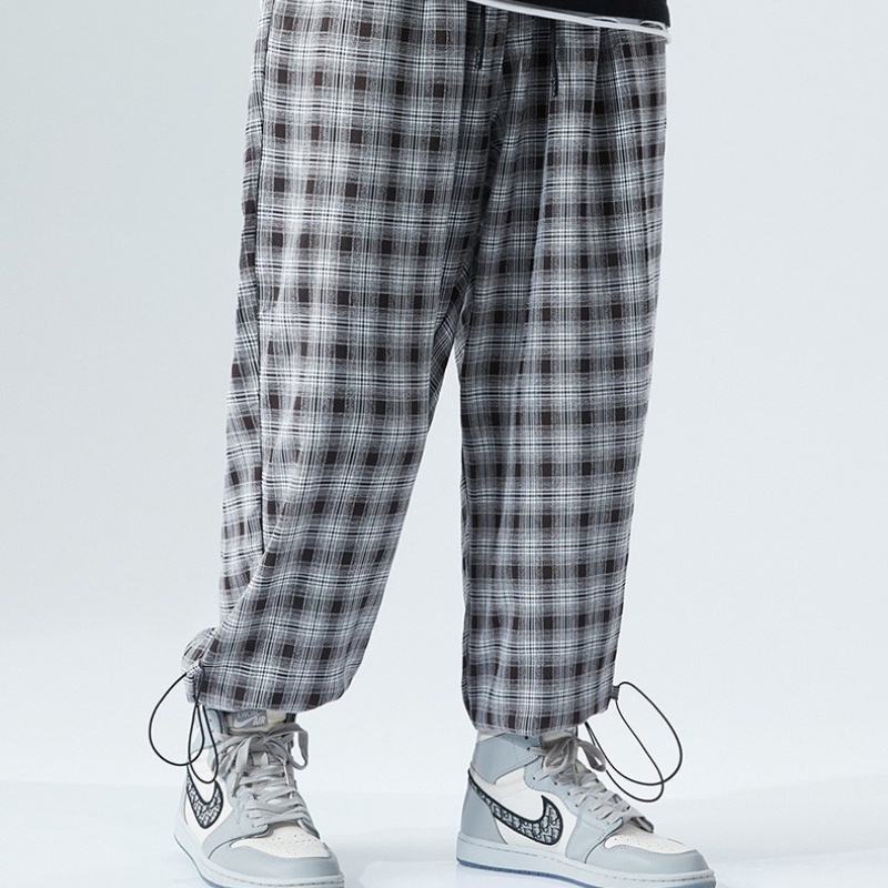 Quần ống rộng họa tiết sọc caro plus size phong cách Nhật Bản cho nam size L-8XL