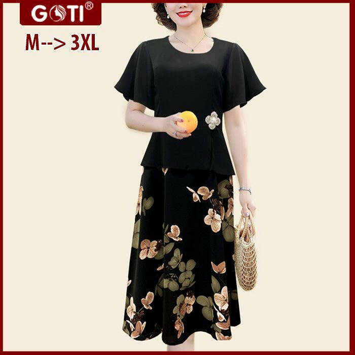 GOTI - Đầm Trung Niên Dáng Dài Kiểu Dự Tiệc Cao Cấp Vải Lụa Mềm Mịn Tay Ngắn Cho Mẹ U40 U50 3349 3330 3340