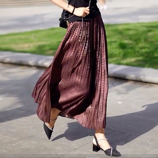 Chân váy satin chữ a xếp ly lưng cao đa năng sáng tạo