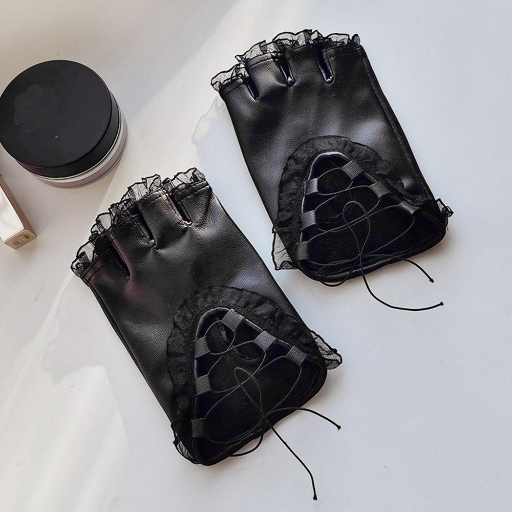 Găng Tay Da Pu Phối Ren Màu Trơn Phong Cách Gothic Hàn Quốc Dùng Hóa Trang Cho Nữ