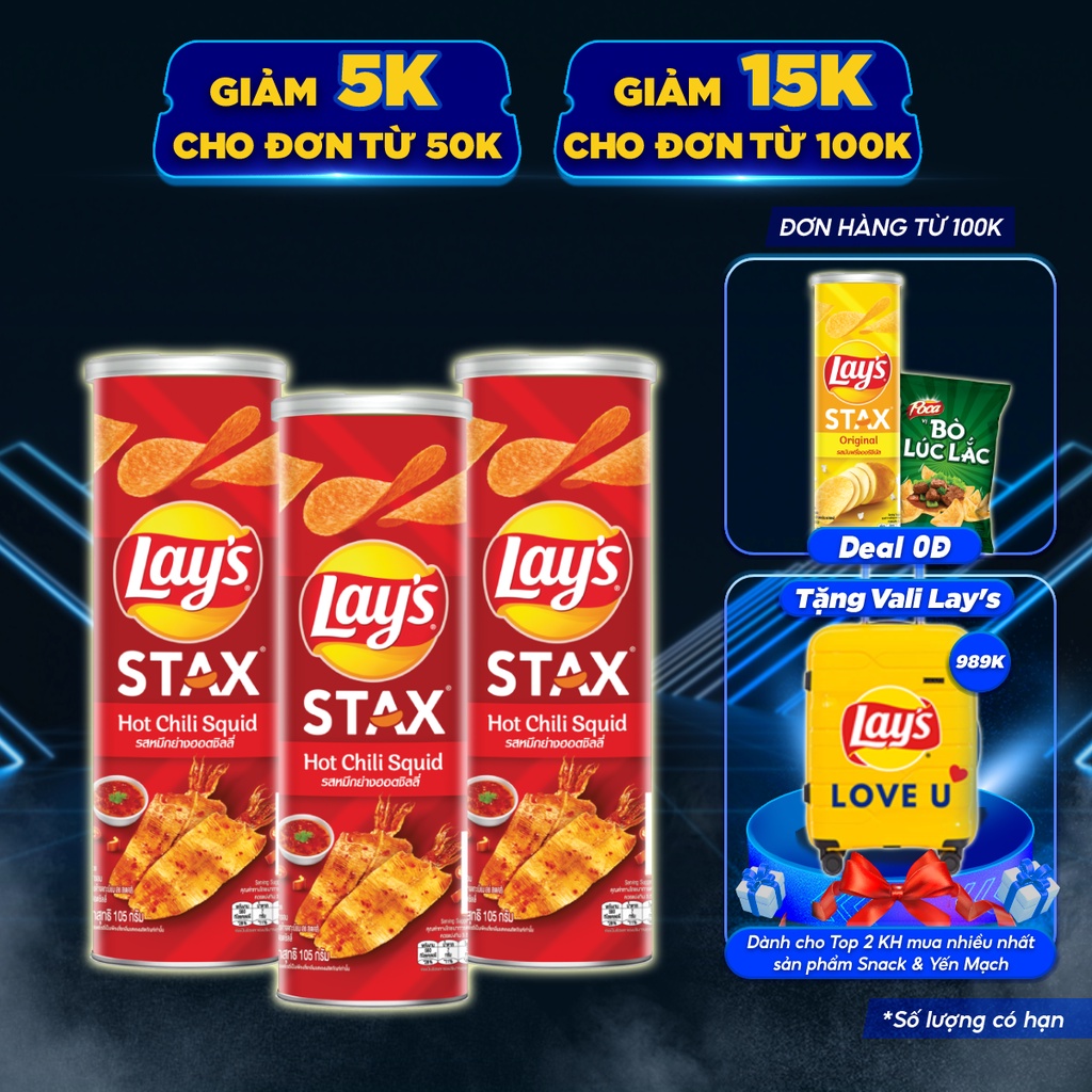 [Mã GRO1APR giảm 20K đơn 150K] Combo 3 Snack Lay's Stax Khoai Tây Nướng Vị Mực Sốt Cay hộp 105G