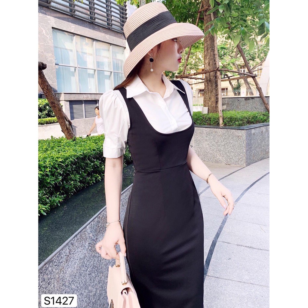 Sét áo sơ mi trắng tay phồng và đầm yếm body