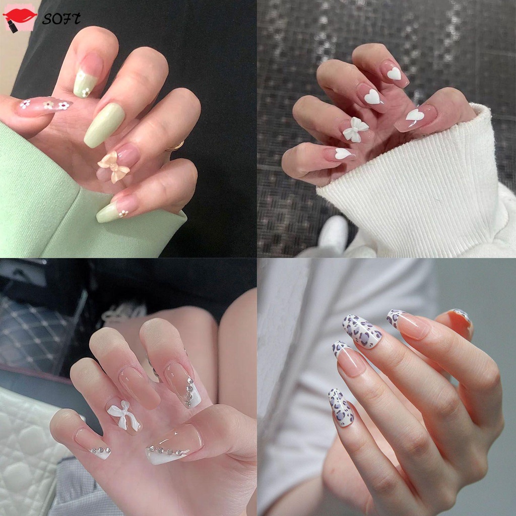 Hộp 24 Móng Tay Giả Thắt Nơ Có Thể Tháo Rời Kèm Vỏ Bọc