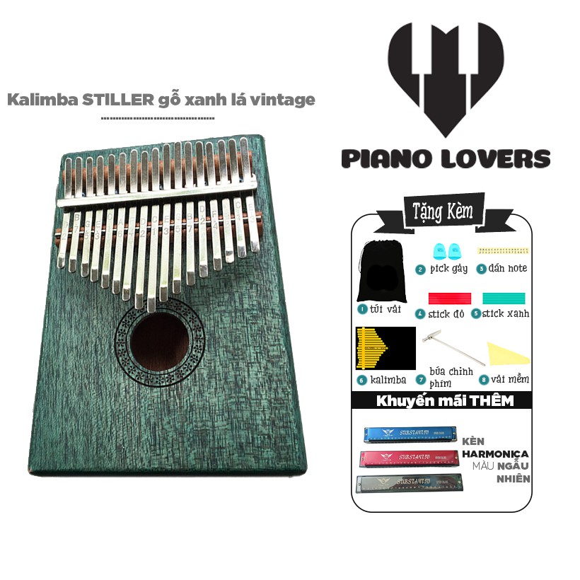 Đàn Kalimba 17 phím Gỗ Stiller Vintage Xanh Lá Tặng Kèm Harmonica đủ màu sắc - HÀNG CÓ SẴN