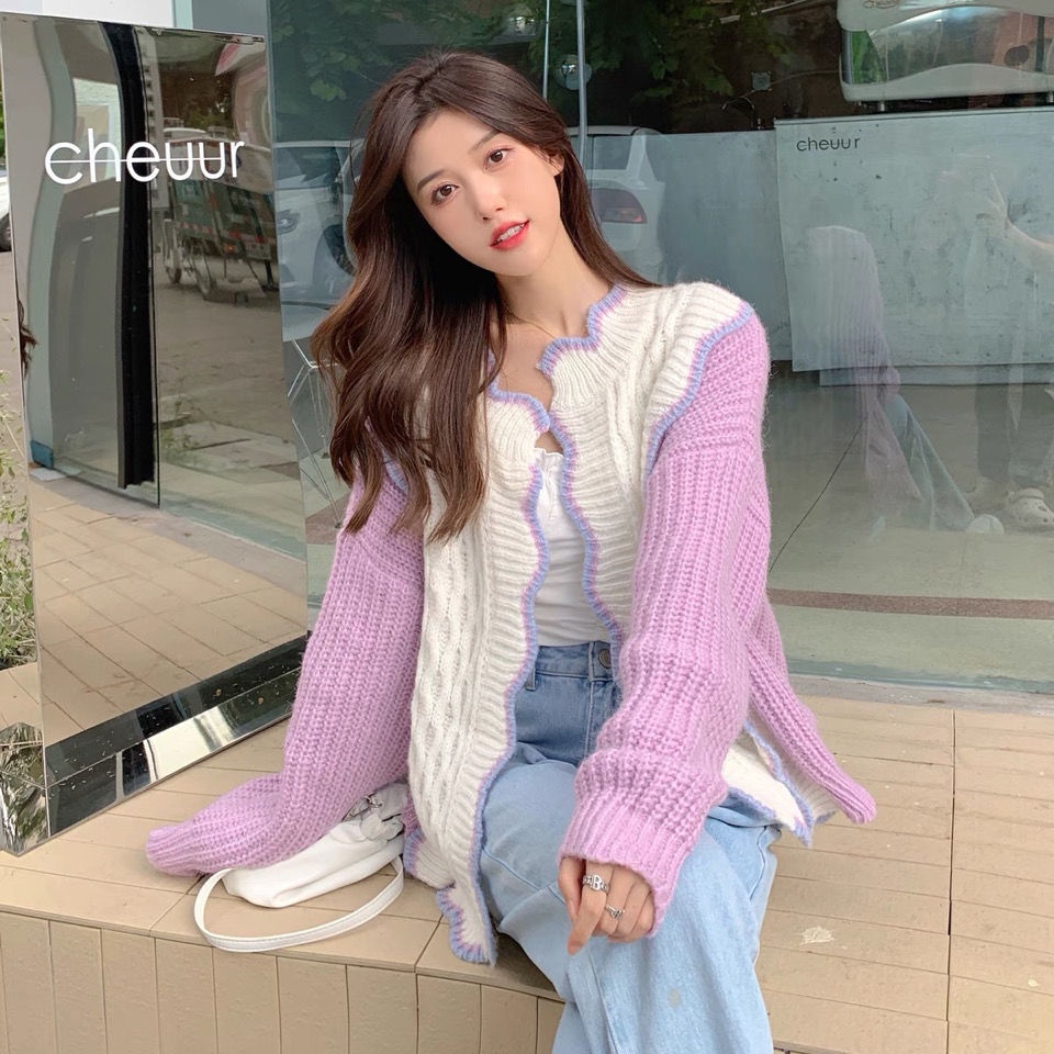 Áo Khoác Cardigan Dệt Kim Màu Tím Thời Trang Mùa Thu Mới Cho Nữ 2021