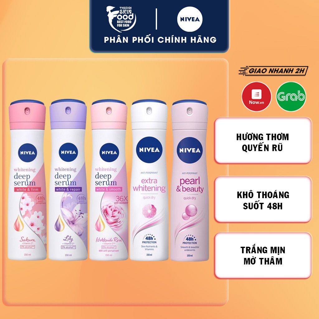 Xịt Khử Mùi Giảm Mồ Hôi, Trắng Mịn &amp; Mờ Thâm Nivea Extra Whitening Spray 150ml