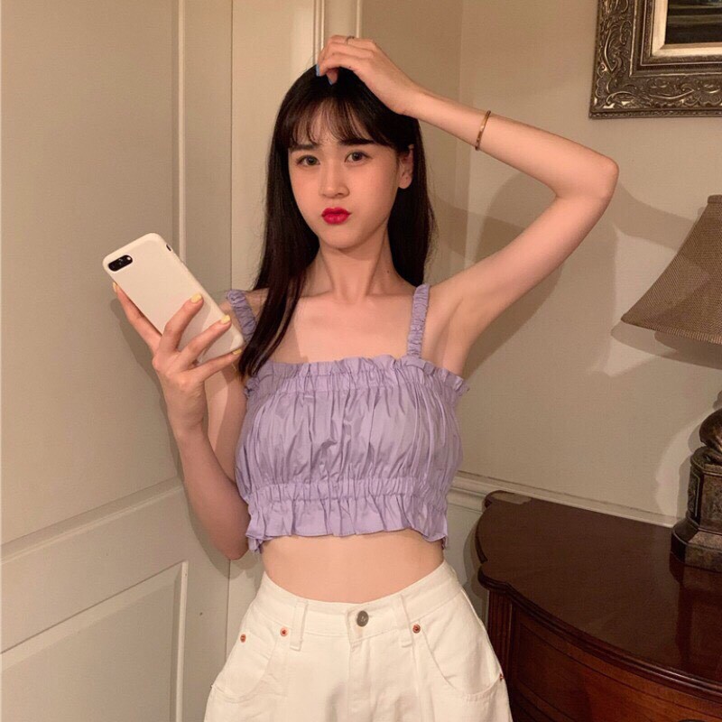 Áo hai dây croptop dúm chất đũi cực xinh 2 màu | BigBuy360 - bigbuy360.vn