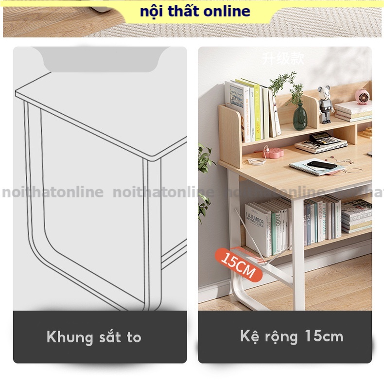 Bàn học phong cách Bắc Âu trông đẹp mắt kèm kệ sách và giá sách kích thước lớn, bàn làm việc màu gỗ sáng thiết kế