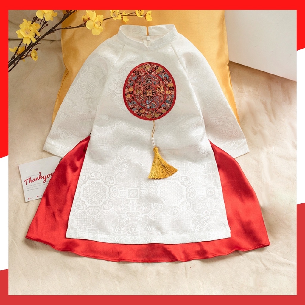 Áo dài cách tân cho bé gái vải gấm trắng phối họa tiết cho trẻ em 1 2 3 4 5 6 7 8 9 10 tuổi