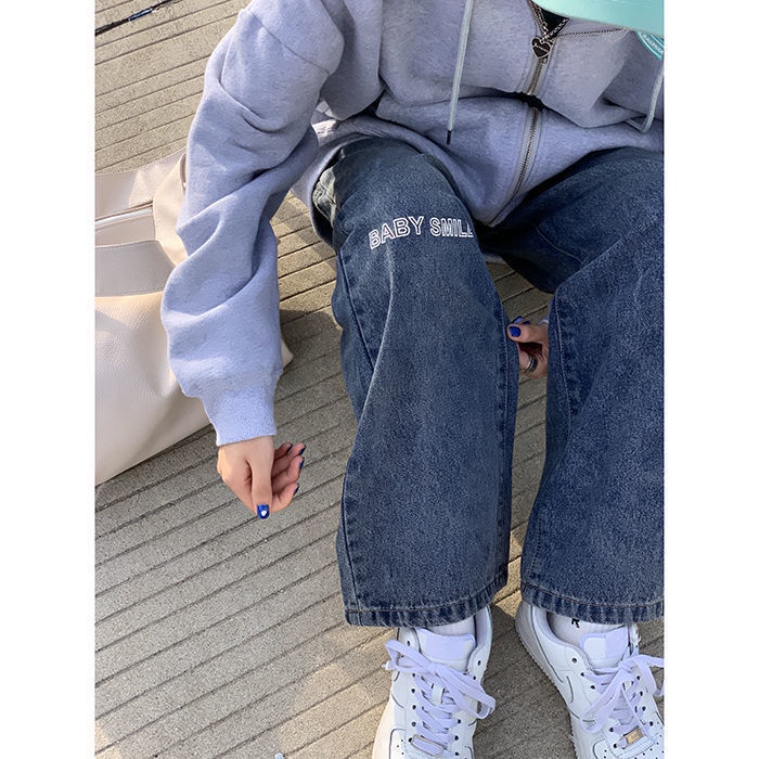 ❁☫Quần Jean Nữ Ống Rộng Lưng Cao Thêu Chữ Phong Cách Thu Đông Mới