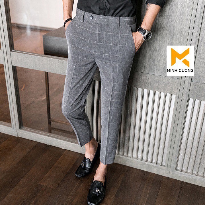 Quần tây nam kẻ karo dáng ôm vải cotton mềm mát, quần dáng âu 2 màu ghi tối và ghi sáng dễ dàng phối đồ, dáng côn [VNXK] | BigBuy360 - bigbuy360.vn
