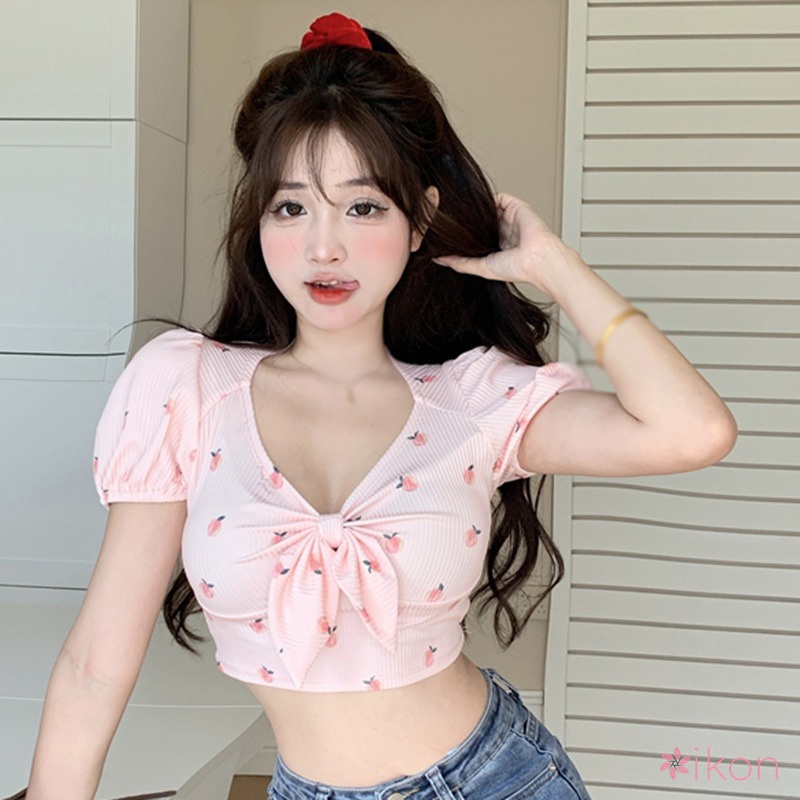 Áo Thun Croptop Cổ Chữ V Thắt Nơ In Họa Tiết Hoa Ngọt Ngào Xinh Xắn Thời Trang Cho Nữ