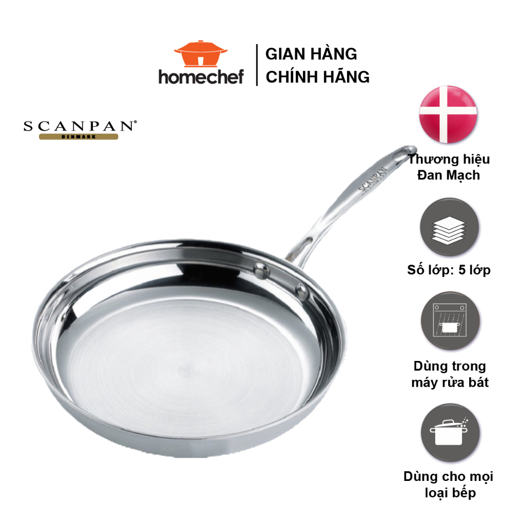Chảo inox cao cấp Scanpan Fusion 28cm 74002800, đúc liền thân đáy 5 lớp, dùng bếp từ, an toàn máy rửa bát