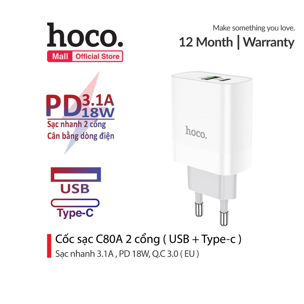 Củ Sạc Nhanh 20W Hoco C80. 2 Cổng Đầu Vào USB Và Type C. Chuẩn Sạc Nhanh PD 20W/3.0A. Bảo Hành 12 Tháng