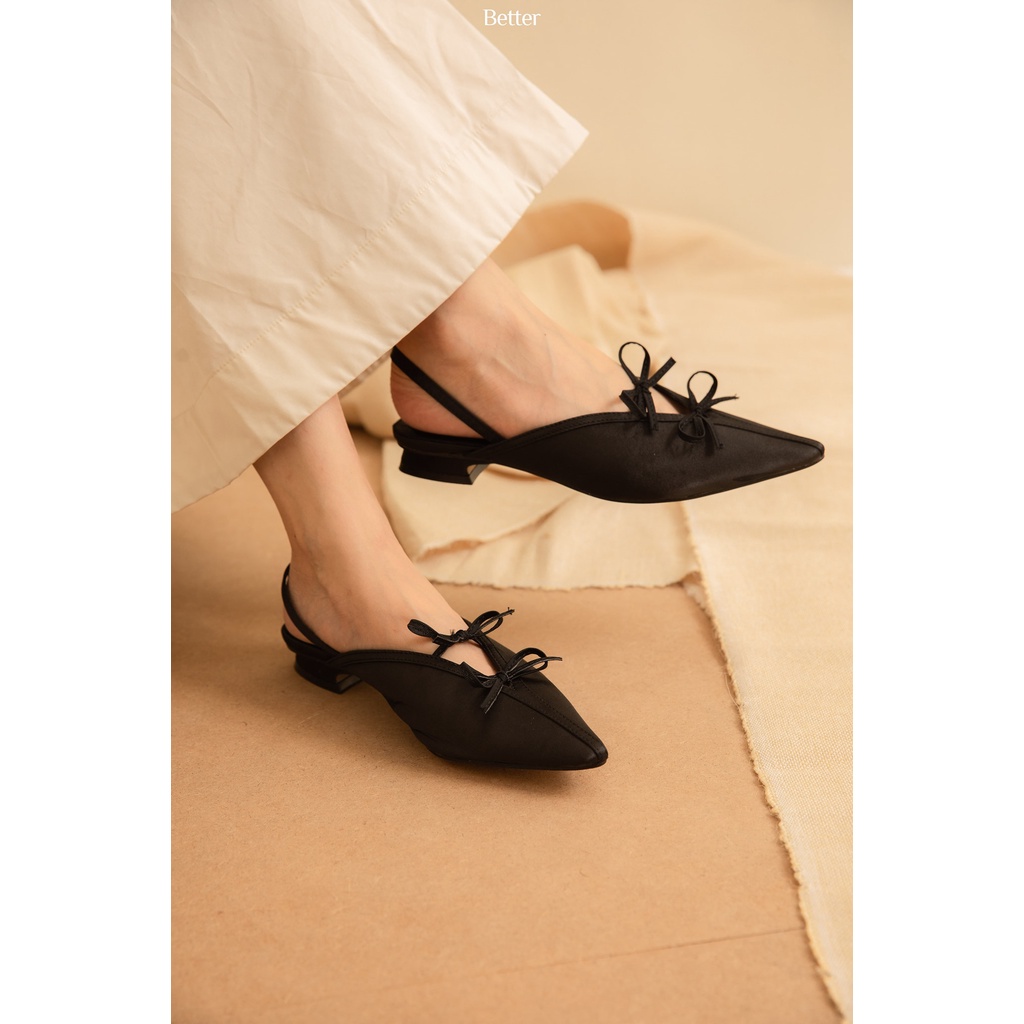 Giày vải mũi nhọn Slingback đen, 2 nơ vải ngang - better - 100821002