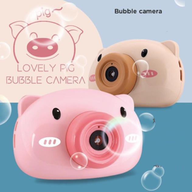 Máy chụp hình bong bóng Heo con dễ thương có nhạc và đèn, tặng kèm dây đeo và 2 lọ xà phòng bong bóng