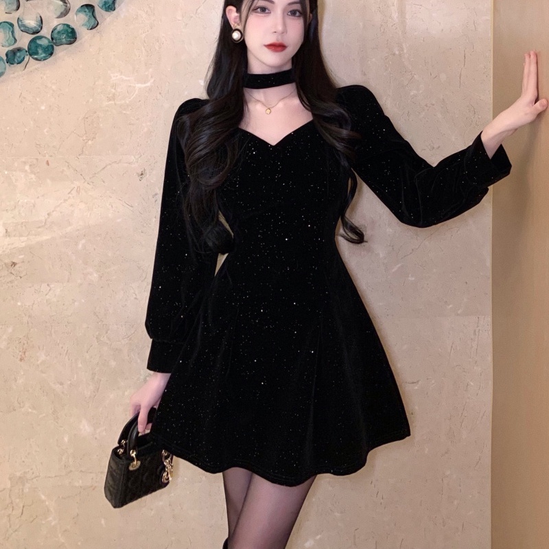 IELGY Đầm Nhung Chữ A Tay Dài Lưng Cao Lấp Lánh Thời Trang Giáng Sinh Cho Nữ