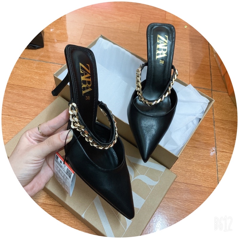 giày sục cao gót nhọn 7cm zara quai ngang xích mũi nhọn (fullbox + tem mác loại 1)