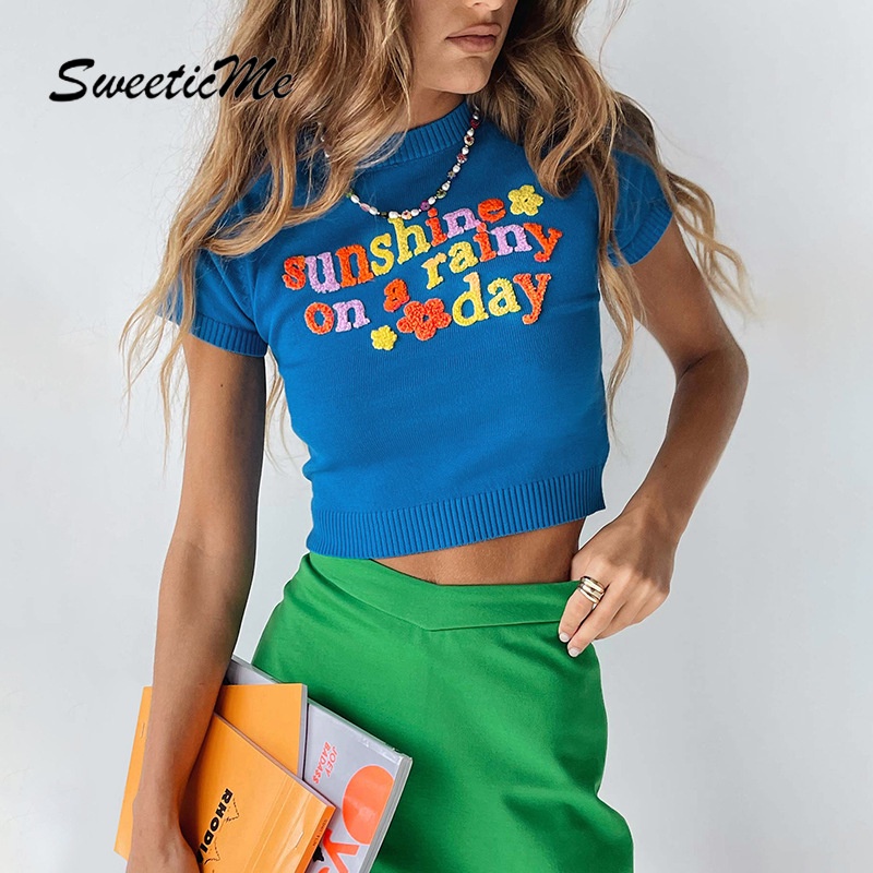 Áo Thun Dệt Kim Tay Ngắn In Họa Tiết SweeticMe Thời Trang Cho Nữ