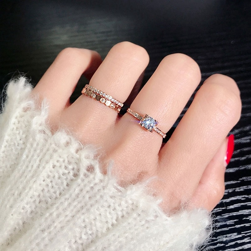 Nhẫn Titan Màu Vàng Hồng Đính Đá Zircon Thời Trang Cho Nữ