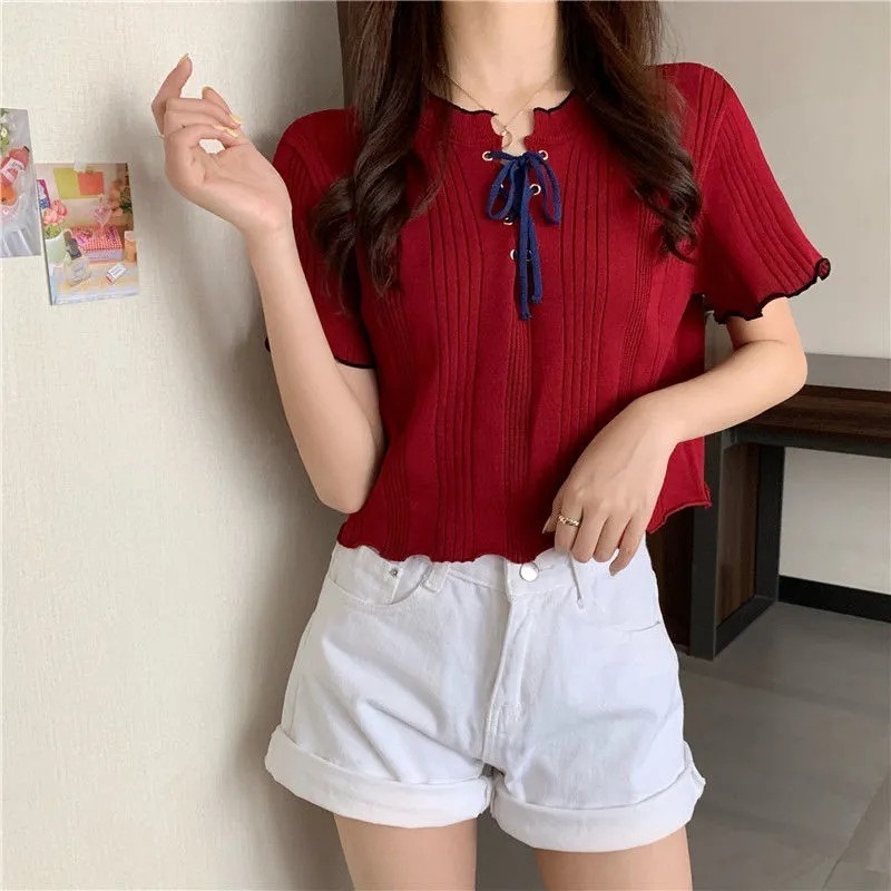 Áo Thun Dệt Kim Ngắn Tay Phối Dây Thắt Thời Trang Cá Tính