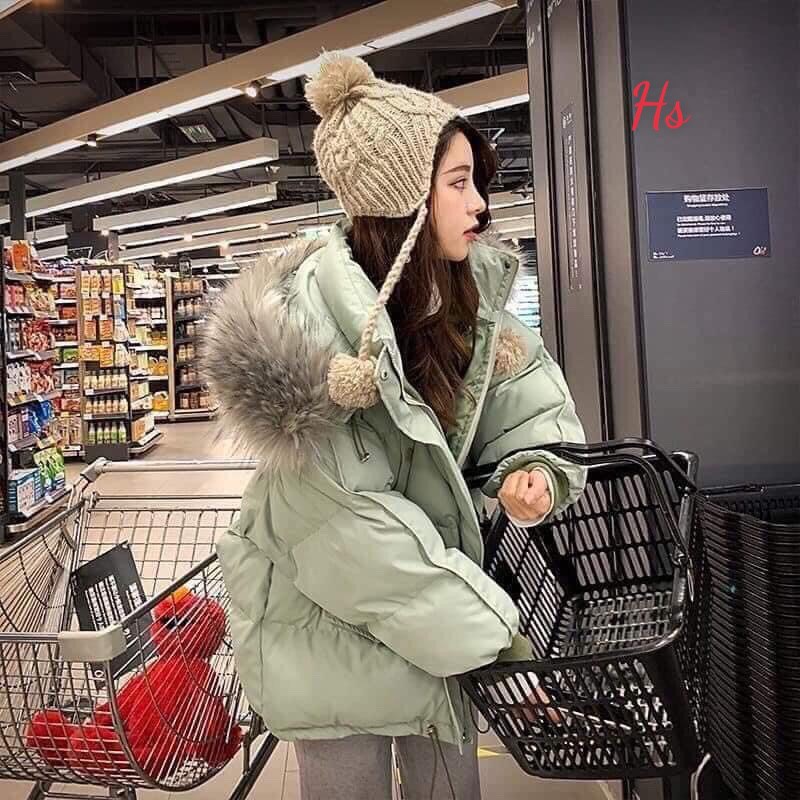 Áo Khoác Phao Đại Hàn Lót Bông Dáng Rộng Kèm Mũ Lông Chồn | BigBuy360 - bigbuy360.vn