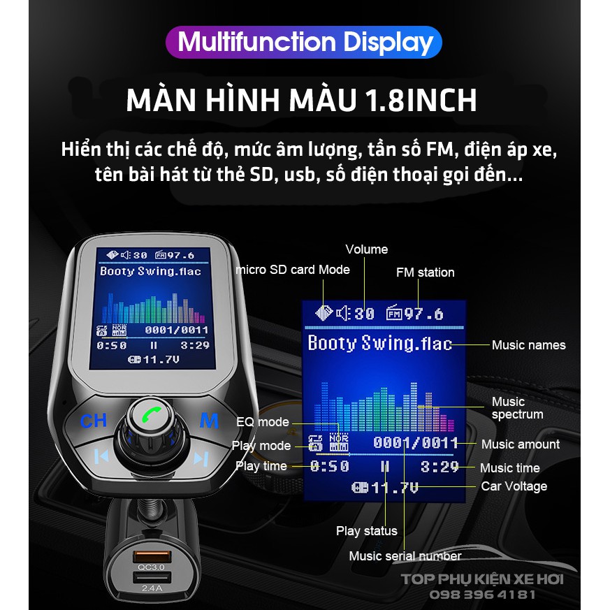 Tẩu nghe nhạc bluetooth T43 màn hình màu, AUX in/out, nhạc lossless