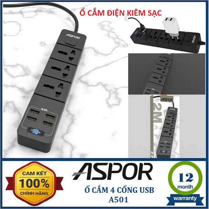 Ổ cắm điện, Ổ Cắm điện thông minh Aspor A501EU Hỗ trợ sạc nhanh 3.1A Với 4 Cổng USB -Tiêu Chuẩn EU Dây dài 2M
