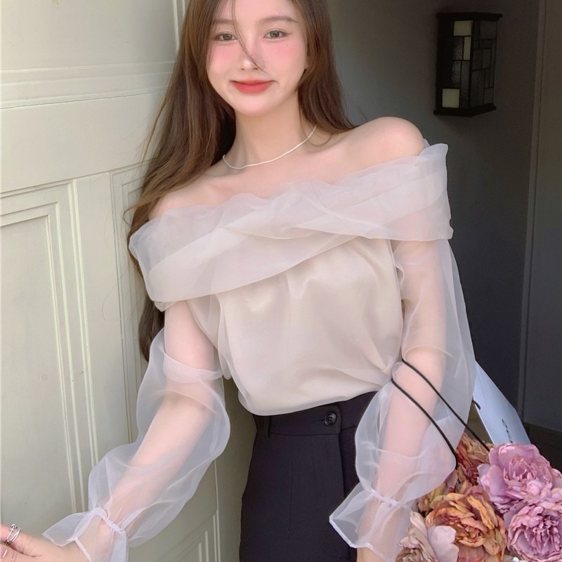 Áo Kiểu Tay Dài Trễ Vai Phối Lưới Kiểu Dáng Ngọt Ngào Nữ Tính