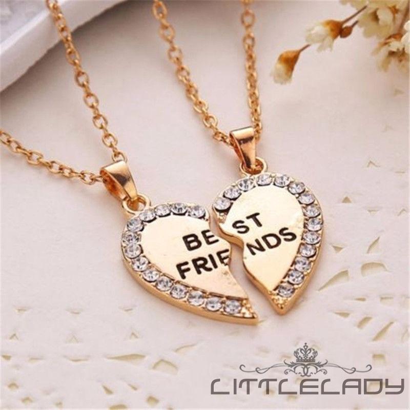 Best Friend Gift Heart Rhinestone Gold Silver 2 Pendants Necklace Bff