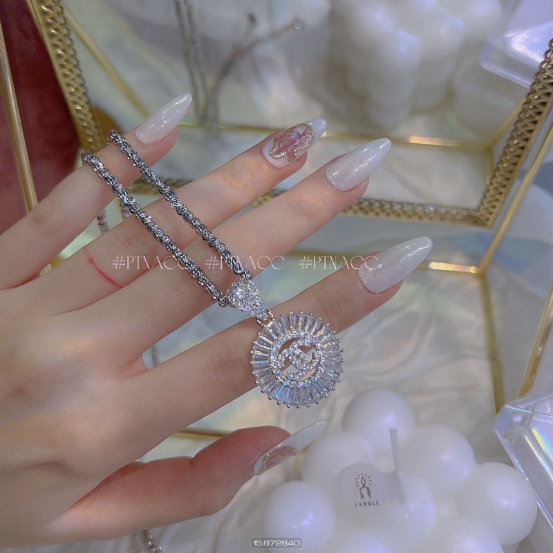 Dây chuyền, vòng cổ bi xi bạch kim phối mặt thương hiệu tròn đính đá paguet . PTNACC