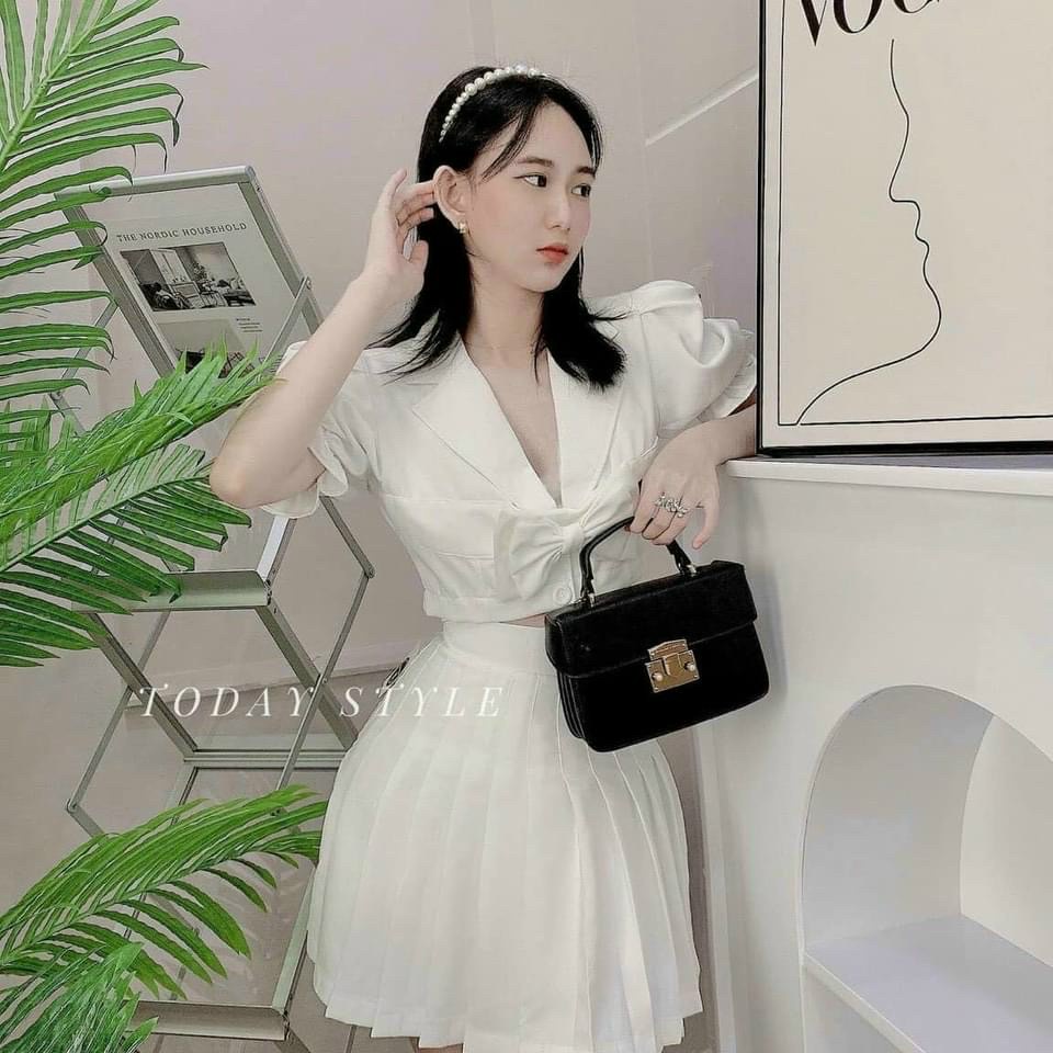 Áo croptop cổ vest tay ngắn phối nơ thêu chữ siêu xinh, áo croptop đẹp