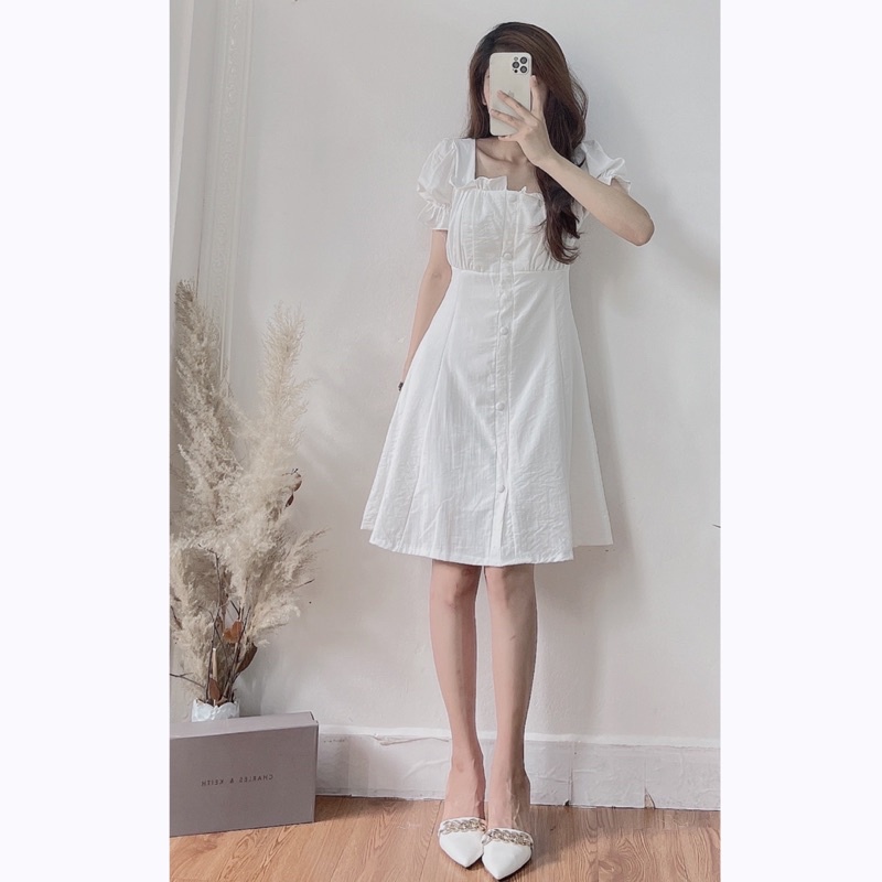 Đầm váy tiểu thư trơn cúc bọc 2 màu 0605