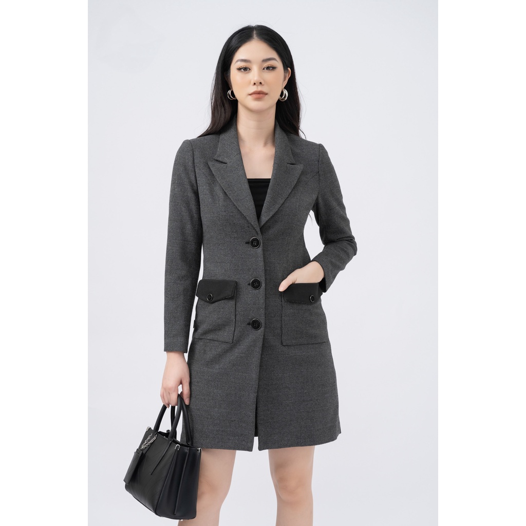 Áo khoác dạ, dáng ôm, cổ 2 ve, nắp túi phối màu đen FIONA  F751681