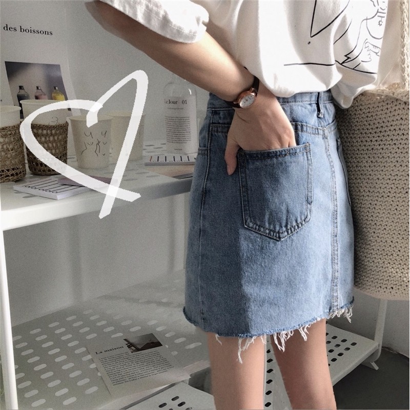 Xiaozhainv Chân Chân váy jean Lưng Cao Phong Cách Hàn Quốc