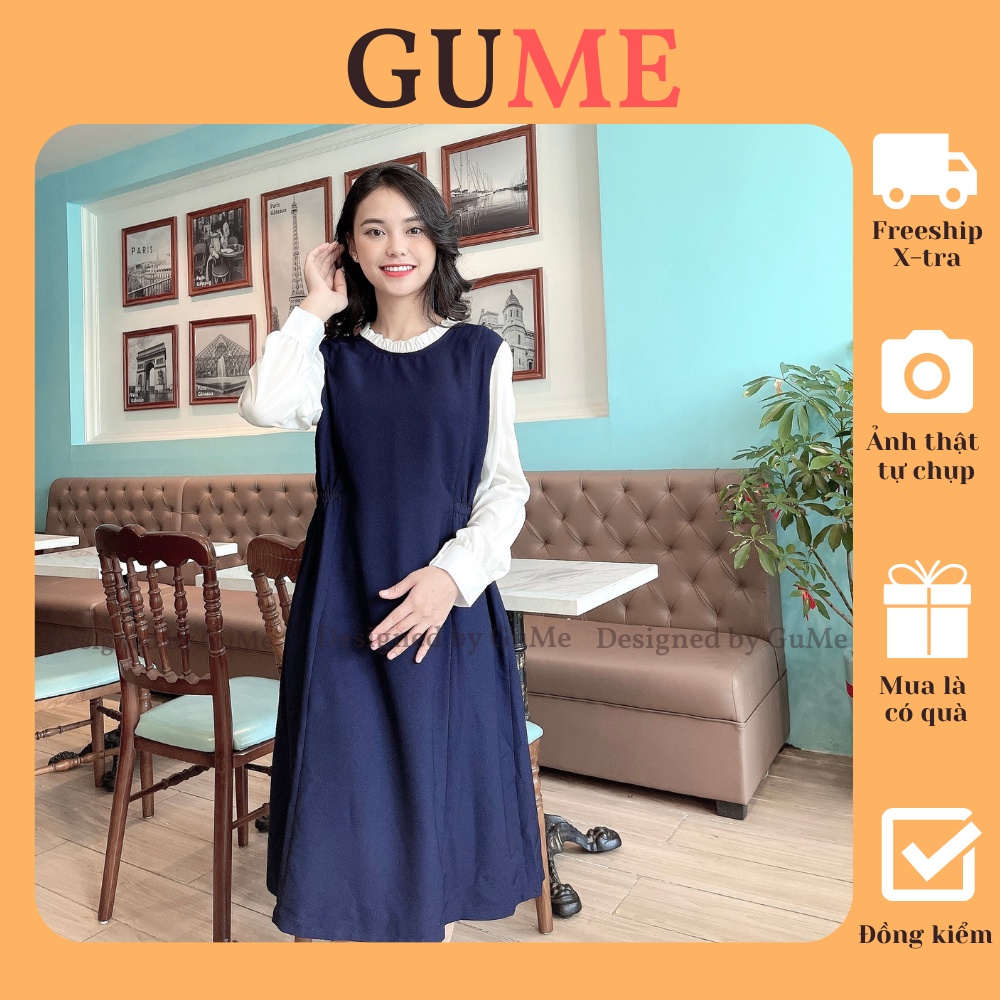 Đầm bầu công sở Váy bầu đẹp màu xanh than dáng suông dài tay MYC 6M