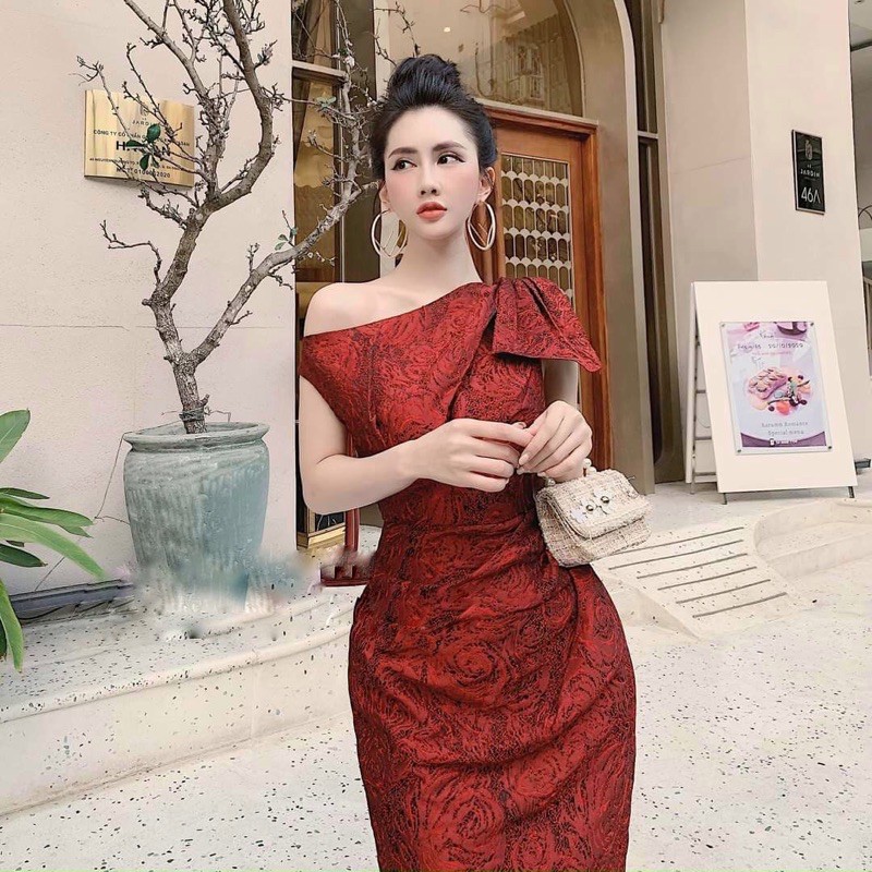Đầm lệch vai gấm nơ 2 màu🌷Đầm dự tiệc | BigBuy360 - bigbuy360.vn