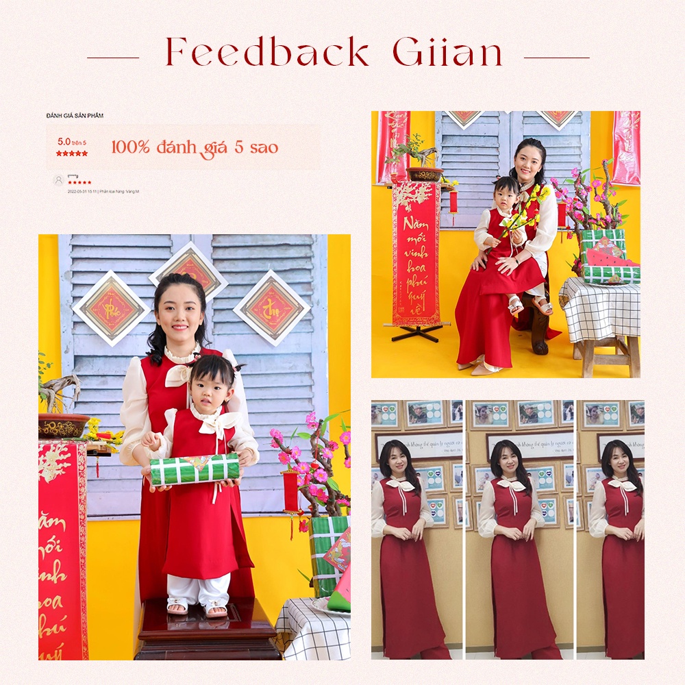Áo dài cách tân màu đỏ mẹ và bé gái, áo dài đôi cho mẹ và bé cổ đính nơ trẻ trung, tiểu thư chính hãng Giian GAD410